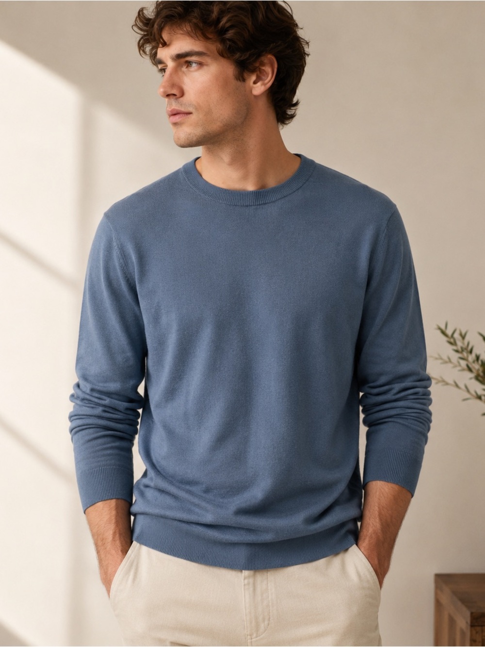 Artefact Men’s 100% Merino Wool Crewneck Sweater Blue Medium Quiet Luxury